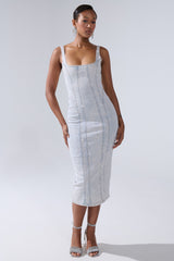 AFTER HOURS RHINESTONE MIDI DRESS IN LIGHT BLUE DENIM