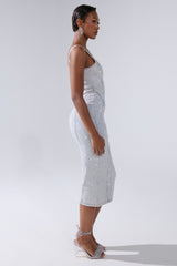 AFTER HOURS RHINESTONE MIDI DRESS IN LIGHT BLUE DENIM