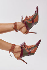 AZALEA WANG AMBRE OLIVE COLORBLOCK MULTI MULE LACE UP STILETTO PUMP