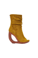 AZALEA WANG ARLO MUSTARD WEDGE OPEN TOE FAUX SUEDE BOOTIE
