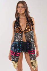 SHAKE IT GIRL CROCHET SEQUIN TOP IN BLACK