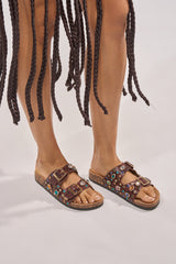 AKIRA BAYLEAVES BROWN SNAKE EMBELLISHED FLAT SLIP ON SANDAL