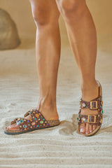 AKIRA BAYLEAVES BROWN SNAKE EMBELLISHED FLAT SLIP ON SANDAL