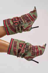 AKIRA GOLD BIG TIME GREEN MULTI CANVAS PRINTED SLOUCH OPEN TOE BOOTIE