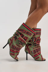 AKIRA GOLD BIG TIME GREEN MULTI CANVAS PRINTED SLOUCH OPEN TOE BOOTIE