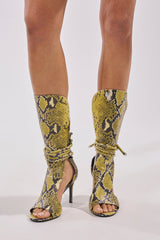 AZALEA WANG BOCKER YELLOW SNAKE STILETTO LACE UP TALL SHAFT SANDAL