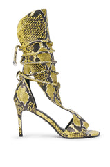 AZALEA WANG BOCKER YELLOW SNAKE STILETTO LACE UP TALL SHAFT SANDAL