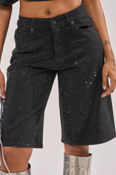 BLING BLING RHINESTONE BERMUDA DENIM SHORT IN BLACK