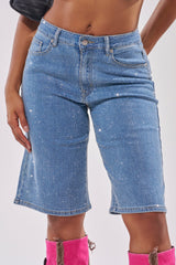 BLING BLING RHINESTONE DARK BLUE DENIM BERMUDA SHORT