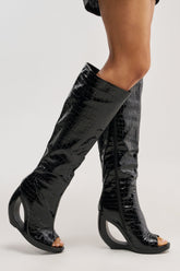 AZALEA WANG CAMILLA BLACK CROC OPEN TOE WEDGE BOOT