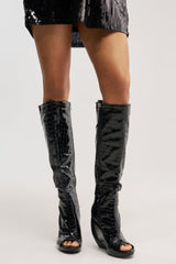 AZALEA WANG CAMILLA BLACK CROC OPEN TOE WEDGE BOOT