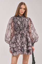 IT GIRL CHIFFON RUFFLE MINI DRESS IN SNAKE