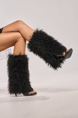 AZALEA WANG CLOUD NINE BLACK FUR OPEN TOE BOOT
