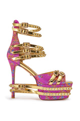 AKIRA CRUSHIN PINK MULTI BROCADE AND GOLD EMBELLISHED STILETTO SANDAL
