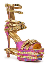 AKIRA CRUSHIN PINK MULTI BROCADE AND GOLD EMBELLISHED STILETTO SANDAL