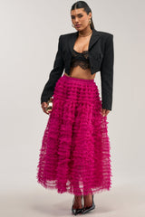 LOVE THE DRAMA MESH MAXI SKIRT IN FUCHSIA