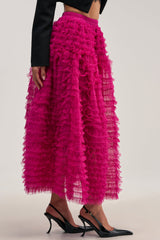LOVE THE DRAMA MESH MAXI SKIRT IN FUCHSIA