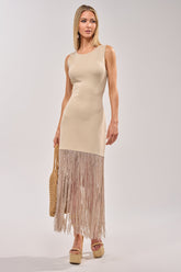 FLY AWAY KNIT MIDI DRESS WITH FRINGE