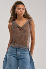 BRONZE BANDANA PRINT RHINESTONE TOP