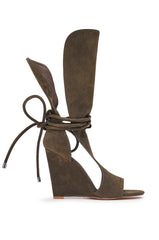 AZALEA WANG DOUMA BROWN VELVET WEDGE LACE UP TALL SHAFT SANDAL