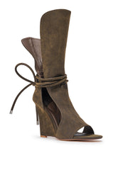 AZALEA WANG DOUMA BROWN VELVET WEDGE LACE UP TALL SHAFT SANDAL