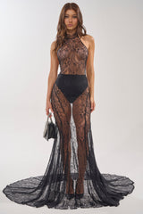 NEVER BETTER MOCK NECK LACE MAXI DRESS IN BLACK