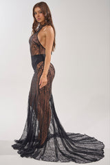 NEVER BETTER MOCK NECK LACE MAXI DRESS IN BLACK