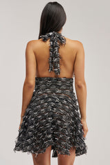 ROMY FRINGE MESH MINI DRESS IN BLACK WHITE