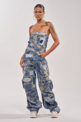 PATCHWORK DENIM ON DENIM JUMPSUIT