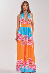 ON VACA TIME HALTER FLORAL PRINT JUMPSUIT