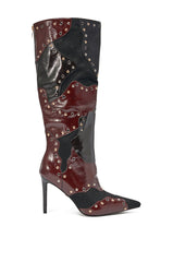 AKIRA GOLD ENYAE MAHOGANY MULTI PATCHWORK STILETTO BOOT