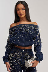 SPARKLE SPARKLE EMBELLISHED DENIM SWEATSHIRT