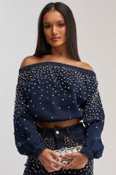 SPARKLE SPARKLE EMBELLISHED DENIM SWEATSHIRT