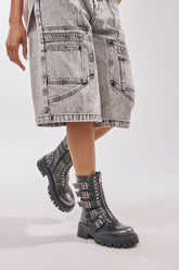 AKIRA GOLD ESTERA CHARCOAL EMBELLISHED COMBAT BOOTIE