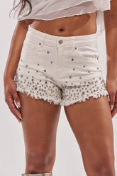 RILEE EMBELLISHED DENIM SHORTS IN WHITE
