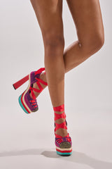 AKIRA GOLD FONTEYN RED MULTI CHUNKY PLATFORM LACE UP PUMP