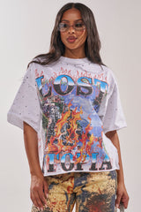 FIRST ROW LOST UTOPIA RHINESTONE FRENCH TERRY TEE