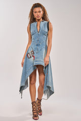 BALLER OFF DUTY DENIM PATCHWORK MINI DRESS