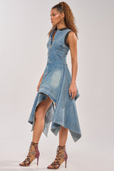 BALLER OFF DUTY DENIM PATCHWORK MINI DRESS