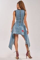 BALLER OFF DUTY DENIM PATCHWORK MINI DRESS