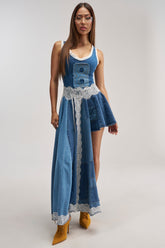 BOSSED UP DENIM MINI DRESS IN LIGHT BLUE DENIM PATCHWORK