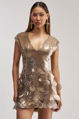 DANCE THE NIGHT AWAY SEQUIN MINI DRESS IN TAUPE