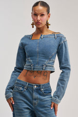 SHAKE IT OFF DENIM OFF THE SHOULDER TOP