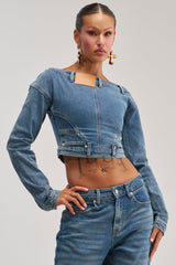 SHAKE IT OFF DENIM OFF THE SHOULDER TOP