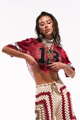 LUCKY LACE JERSEY TOP IN BURGUNDY