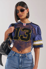 LUCKY LACE JERSEY TOP IN NAVY