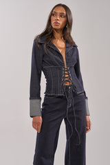 DON'T TALK TO ME LACE UP DENIM BLOUSE