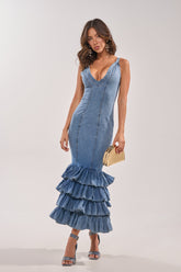 MAIN ONE DENIM RUFFLE MAXI DRESS