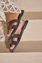 AKIRA HOWDY BROWN CROC SLIP ON FLAT SANDAL