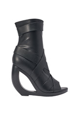 AZALEA WANG IGNITE BLACK WEDGE OPEN TOE BOOTIE WITH BELTING DETAIL